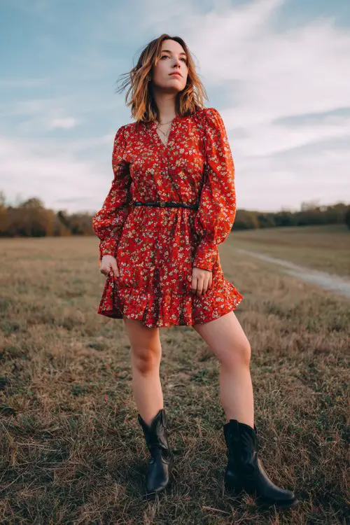 a woman wears a red floral dress with short black cowboy boots on the field
