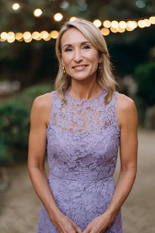 petite older woman in a lavender lace tea-length dress with fitted bodice and flared skirt, sleeveless design