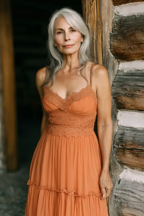 petite woman over 50 wearing a orange flowy maxi dress with lace bodice, soft layered skirt with movement