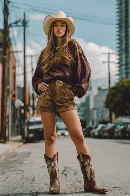woman in baddie brown cowboy boots outfit on the street