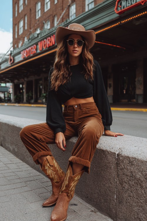 woman in baddie brown cowboy boots outfit on the street