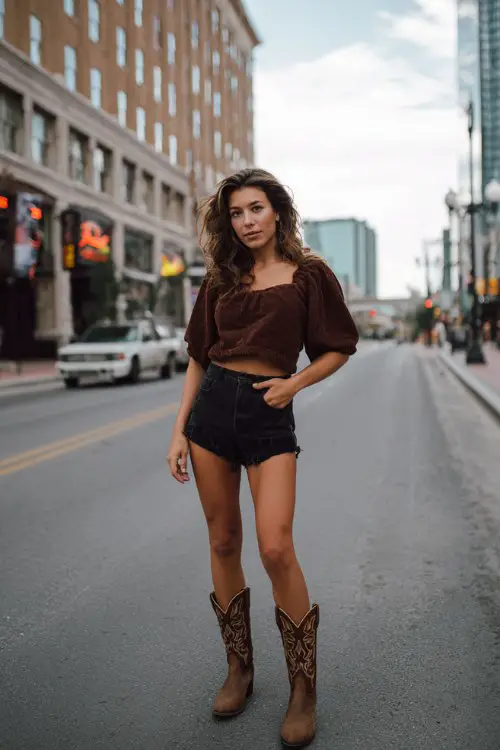 woman in baddie brown cowboy boots outfit on the street