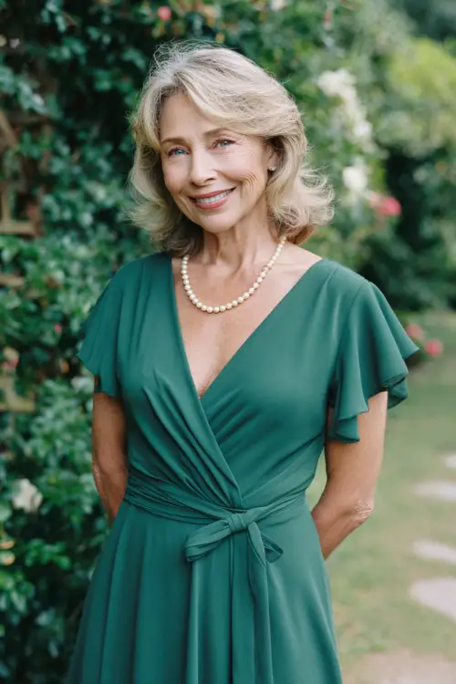 woman over 50 wearing an emerald green wrap dress with short flutter sleeves and knee-length hem