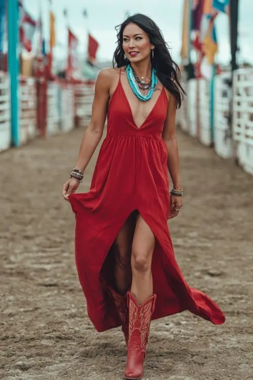 woman wearing a flowing red high-slit maxi dress with a deep neckline, layered turquoise statement necklace and bracelets