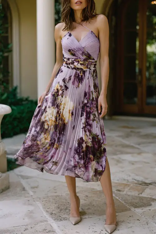 women over 40 wedding guest wearing flowy lilac pleated tea-length dress with dark floral prints, neutral heels, defined waistline