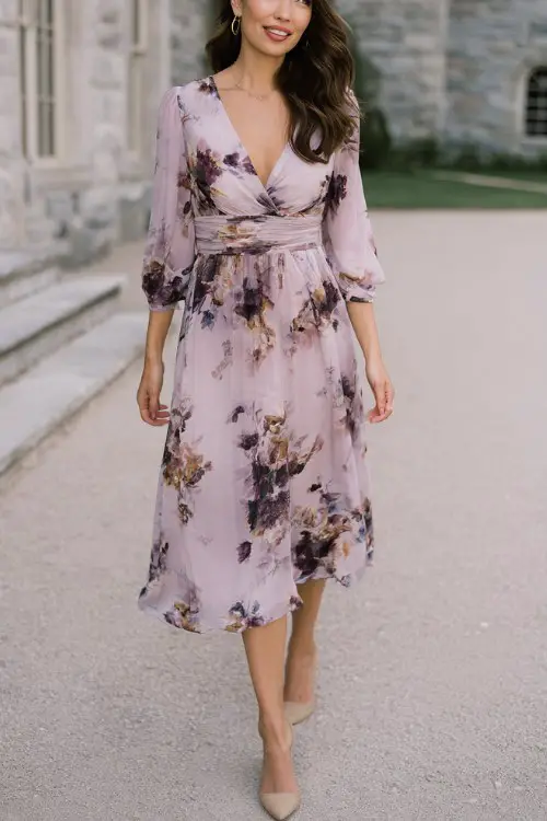 women over 40 wedding guest wearing soft flowy lilac dress with dark floral prints, neutral heels, defined waistline
