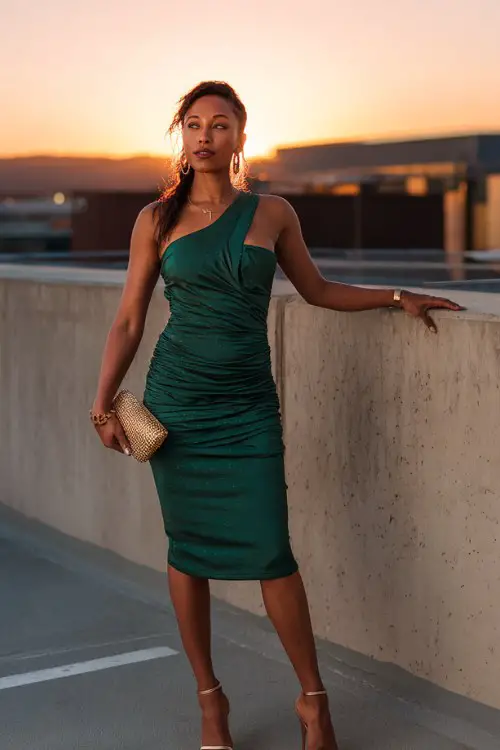 A Black woman over 30 wears a deep green one-shoulder midi dress with ruching and subtle shimmer, accessorized with gold strappy heels and a clutch