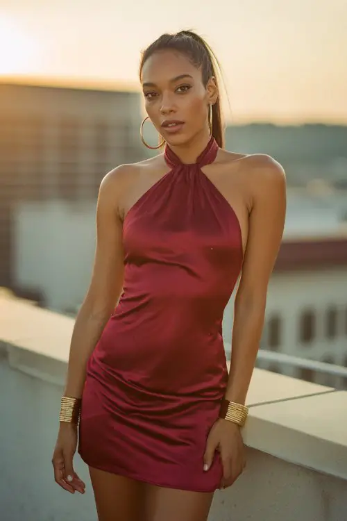 A Black woman wears a deep red satin bodycon mini dress with a dramatic halter neckline and gold cuffs, paired with stiletto heels and a sleek high ponytail
