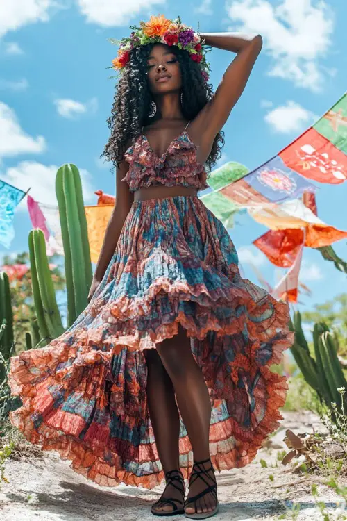 A bohemian Black woman in a breezy ruffle maxi dress with a floral crown and lace-up sandals, walking beside festival flags