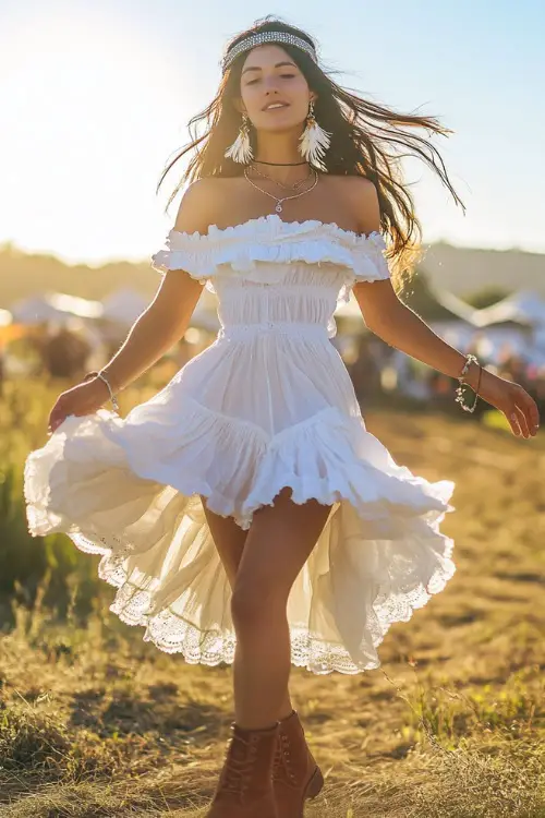 A bohemian festival-goer in a lightweight off-the-shoulder white ruffled dress with brown ankle boots, accessorized with a beaded headband and feather earrings