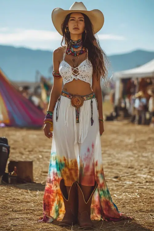 A bohemian festival-goer in a white lace-up corset top with a flowy tie-dye maxi skirt, accessorized with cowboy boots and a floppy hat 