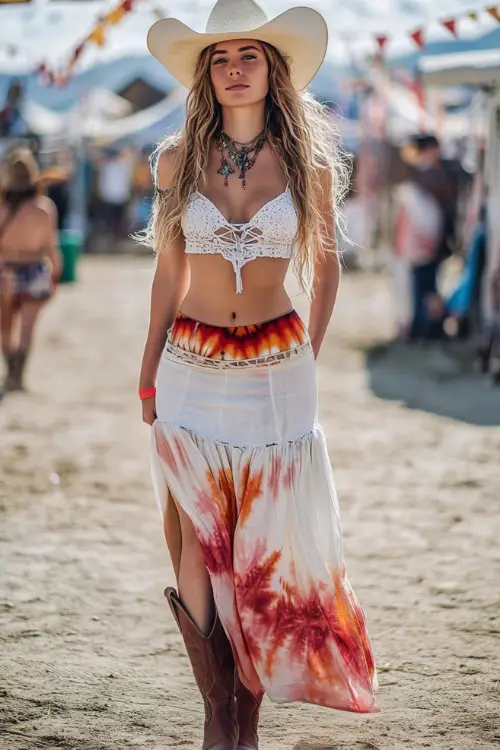 A bohemian festival-goer in a white lace-up corset top with a flowy tie-dye maxi skirt, accessorized with cowboy boots and a floppy hat 