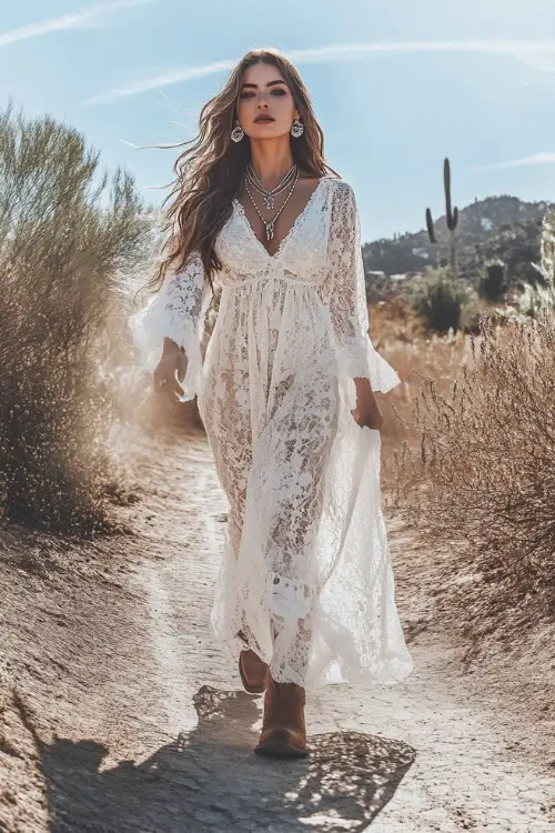 A bohemian woman wearing a flowing white lace maxi dress with bell sleeves, paired with brown cowboy boots and layered silver jewelry