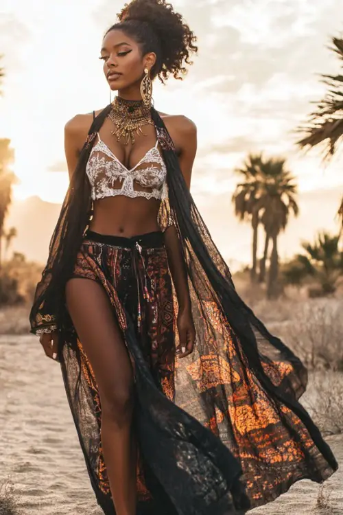 A boho Black woman in a layered maxi skirt with a lace bralette and sheer kimono, accessorized with tribal jewelry and flat sandals, walking near desert palms