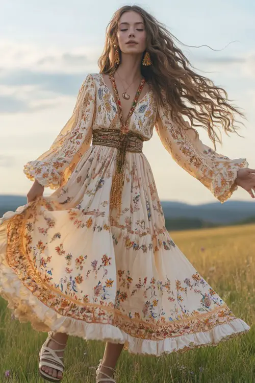 A boho-chic woman in a flutter-sleeve midi dress with bohemian floral embroidery, paired with platform espadrilles and a braided belt