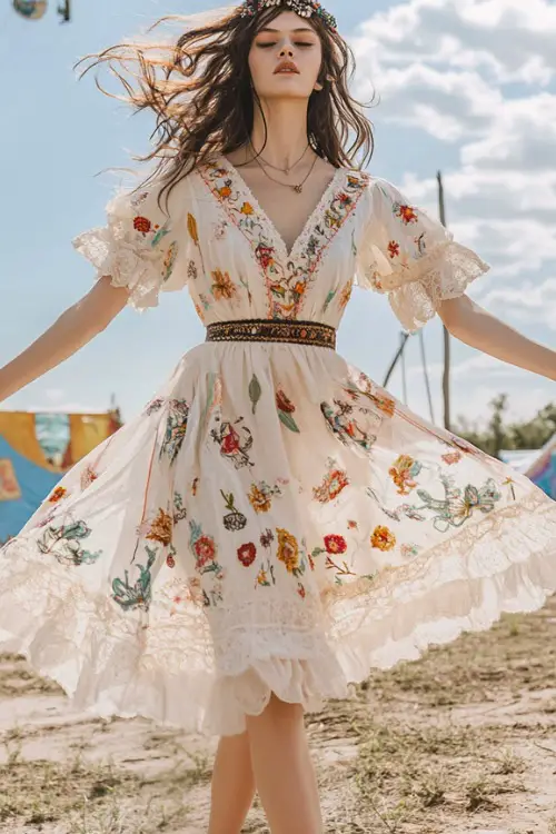A boho-chic woman in a flutter-sleeve midi dress with bohemian floral embroidery, paired with platform espadrilles and a braided belt 