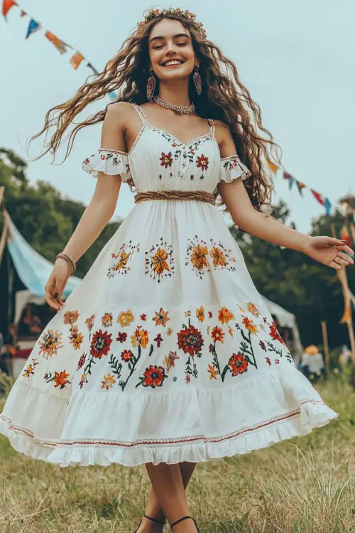 A boho-chic woman in a flutter-sleeve midi dress with bohemian floral embroidery, paired with platform espadrilles and a braided belt 