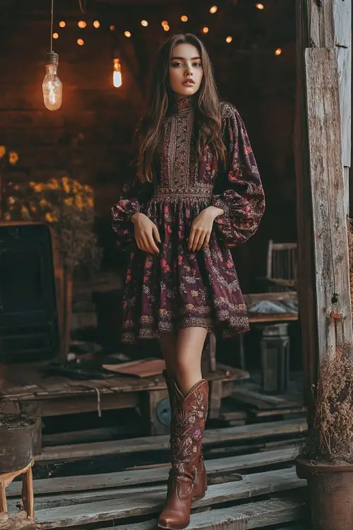 A boho-chic woman in a high-collar embroidered midi dress with balloon sleeves and cowboy boots, standing in front of a wooden stage setup 