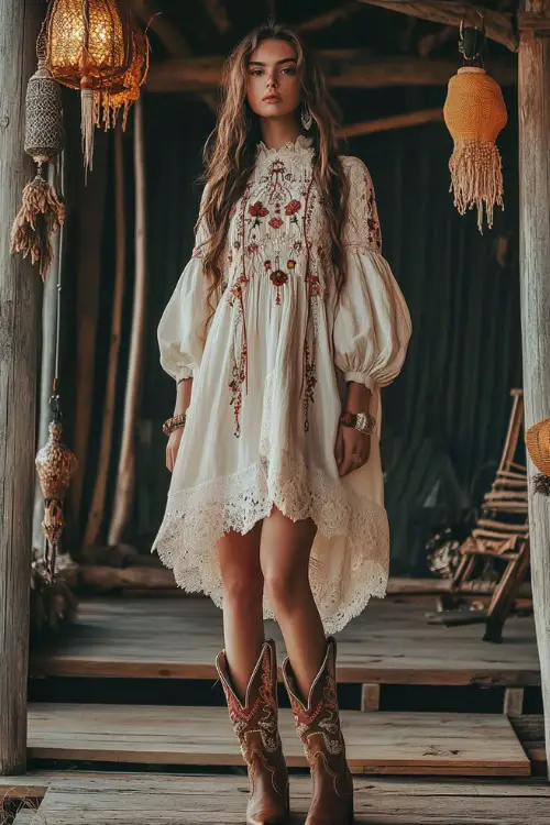 A boho-chic woman in a high-collar embroidered midi dress with balloon sleeves and cowboy boots, standing in front of a wooden stage setup 