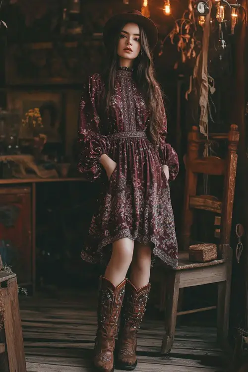 A boho-chic woman in a high-collar embroidered midi dress with balloon sleeves and cowboy boots, standing in front of a wooden stage setup