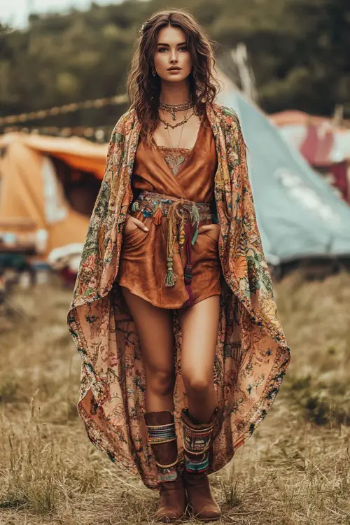 A boho-chic woman in a suede mini dress with a long floral kimono, paired with ankle boots and stacked bracelets, standing near a festival camping area 