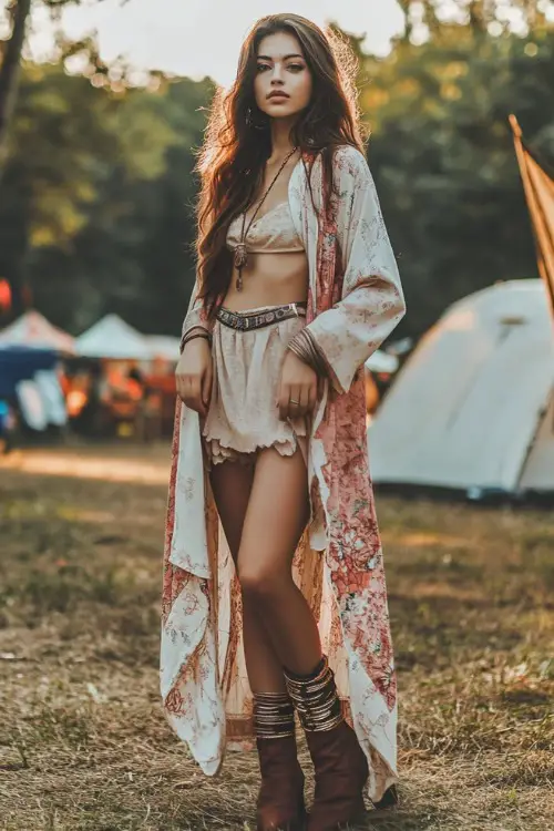 A boho-chic woman in a suede mini dress with a long floral kimono, paired with ankle boots and stacked bracelets
