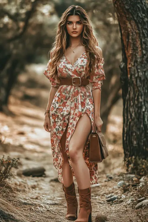 A boho-inspired woman in a floral wrap dress with high slits, styled with ankle boots and a suede crossbody bag, posing in a dry festival setting 