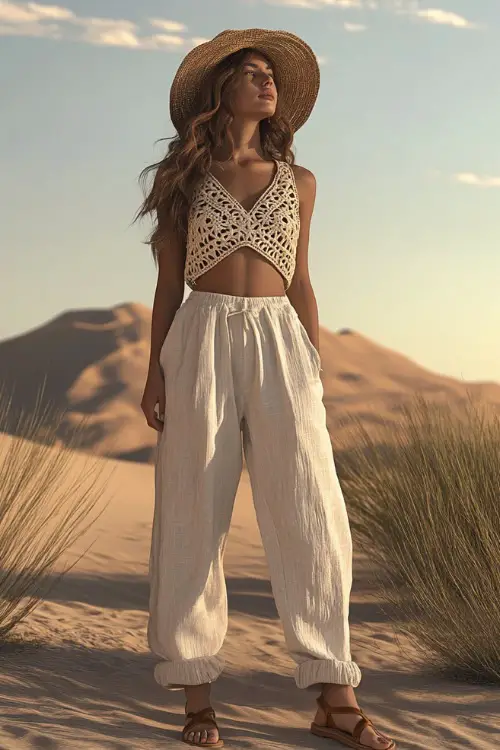 A casual yet stylish woman in a sleeveless crochet top with loose-fitting linen pants, paired with flat leather sandals and a straw hat