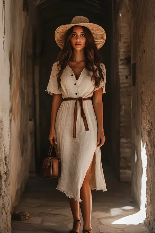 A chic woman in a linen midi dress with front buttons, paired with flat sandals, a leather crossbody bag, and a straw hat, posing in a soft-lit corner of the festival 