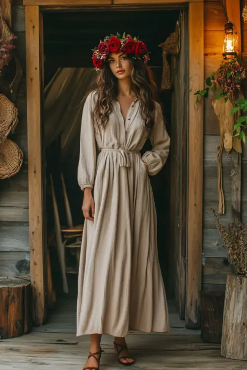 A confident boho woman in a full-length button-up prairie dress with a velvet rose flower crown and platform sandals, standing near rustic wooden decor 