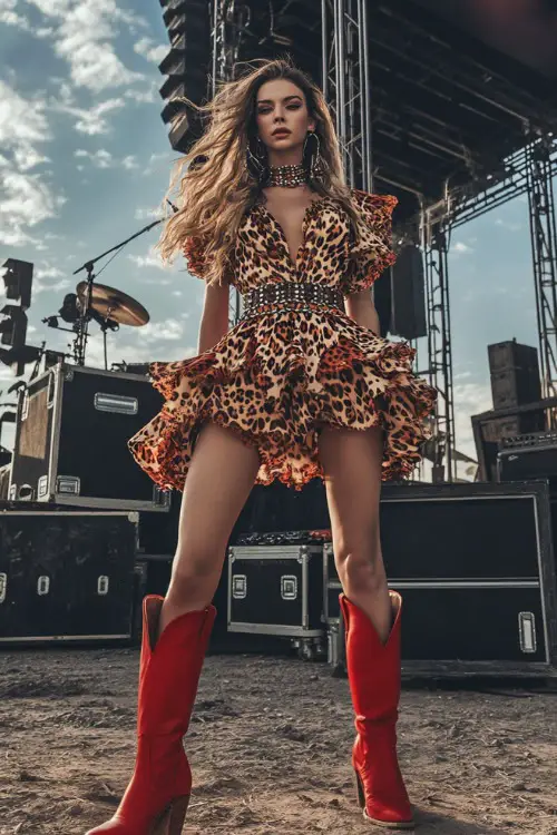 A confident woman in a bold animal print dress with ruffled details, accessorized with red cowboy boots and a studded belt