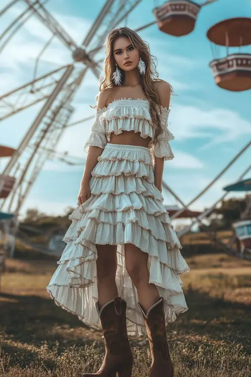 A confident woman in a flowy off-the-shoulder peasant blouse with a tiered bohemian maxi skirt, accessorized with brown cowboy boots and feather earrings 
