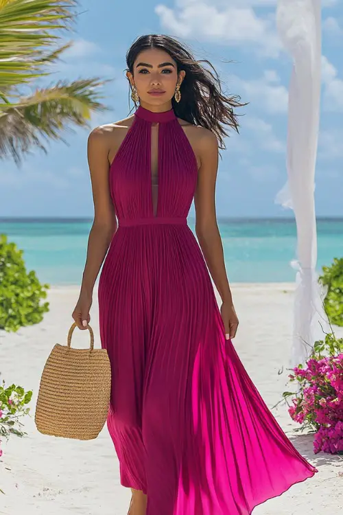 A confident woman in a fuchsia sleeveless maxi dress with a pleated skirt and high neckline, accessorized with a straw bag and gold sandals 