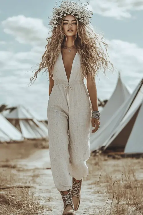 A confident woman in a linen jumpsuit with a floral headband made of baby's breath and wildflowers, accessorized with ankle boots and silver rings 