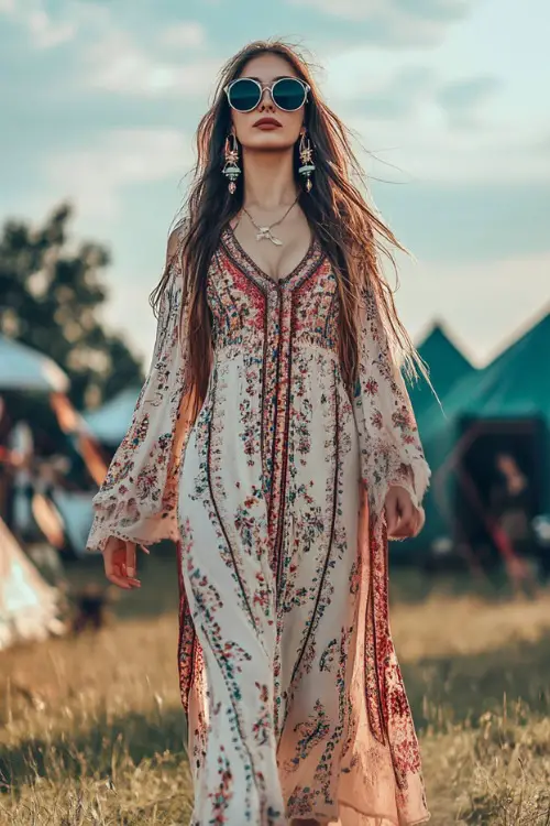 A confident woman in a loose embroidered maxi dress with a high neckline and bell sleeves, paired with platform sandals and oversized sunglasses 