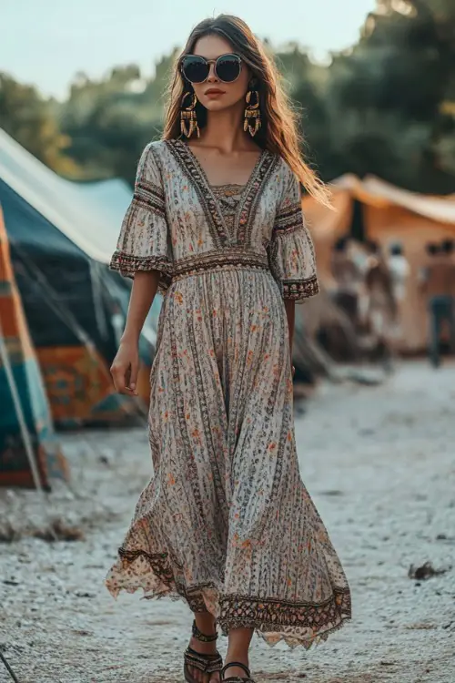 A confident woman in a loose embroidered maxi dress with a high neckline and bell sleeves, paired with platform sandals and oversized sunglasses