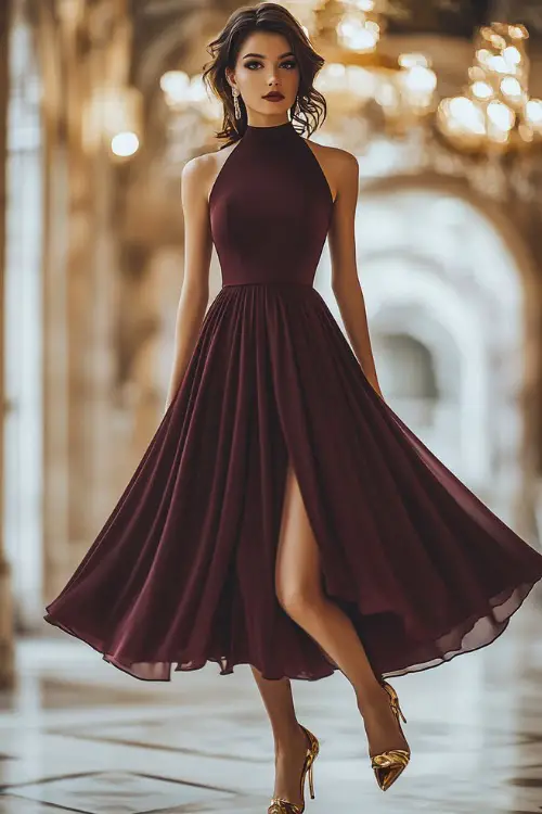 A confident woman in a tea-length deep burgundy cocktail dress with a high neckline and an empire waist, accessorized with gold strappy heels and a delicate necklace 