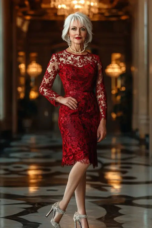 A confident woman over 40 in a fitted knee-length dark ruby red cocktail dress with sheer lace sleeves and intricate embroidery