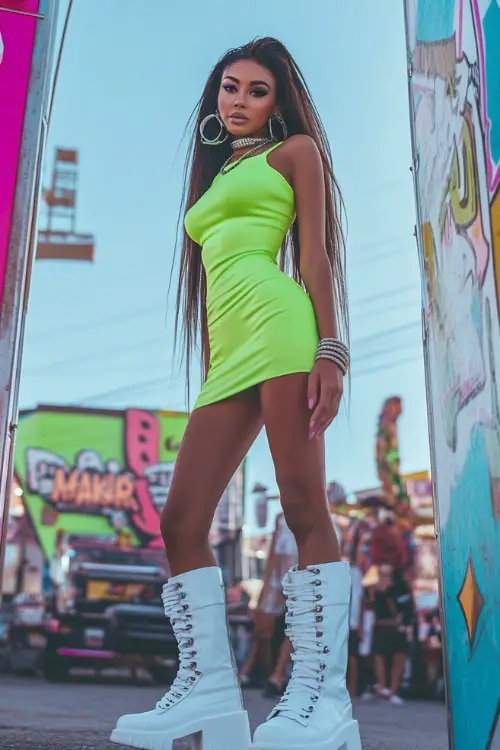 A confident woman wearing a neon green bodycon mini dress with silver hoop earrings and white platform boots, standing near festival signage