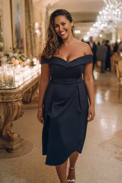 A curvy woman in 40s wears a navy off-the-shoulder midi dress with a fitted waist and silver stilettos