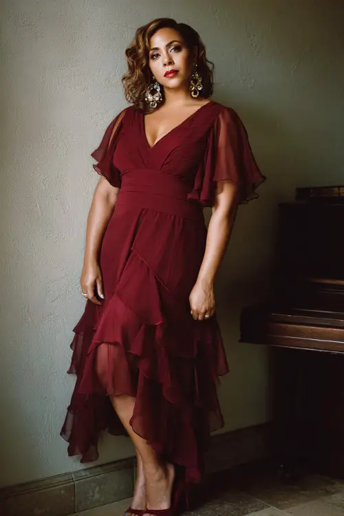 A curvy woman over 40 wears a burgundy chiffon dress featuring flutter sleeves, a modest V-neckline, and layered skirt panels