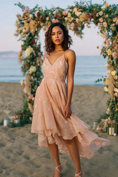 A curvy woman wears a classy layered organza dress in pastel coral with soft floral embroidery accents and graceful movement, styled with elegant sandals