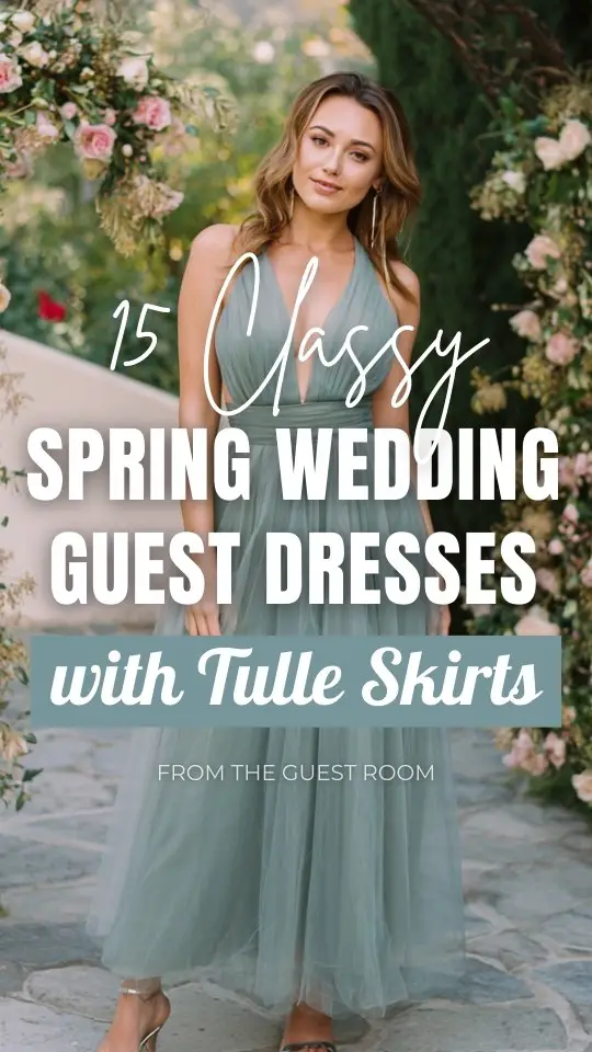 A curvy woman wears a classy sage green tulle maxi spring wedding guest dress with a tulle skirt, paired with metallic heels (1)