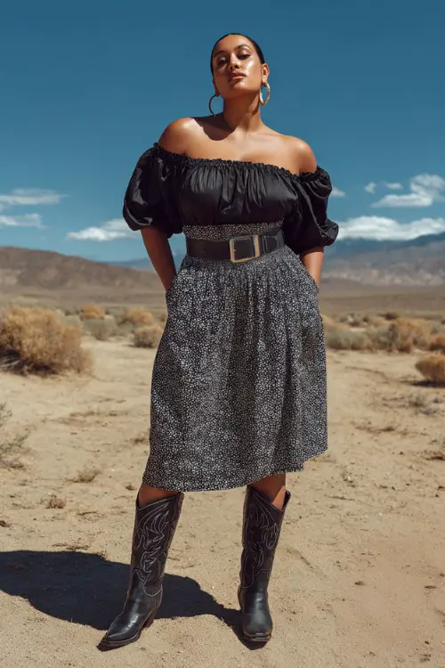 A curvy woman wears black cowboy boots with a structured midi skirt and elegant off-shoulder blouse, accessorized with a wide statement belt and hoop earrings
