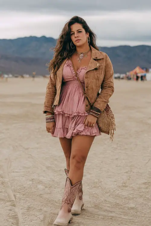 A curvy woman wears dusty pink cowboy boots with a ruffled boho mini dress layered under a suede jacket, accessorized with stacked bracelets and a woven crossbody bag