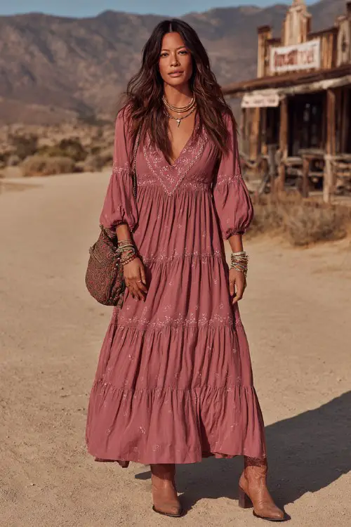 A curvy woman wears dusty rose cowboy boots with a modest ruffled maxi dress featuring long sleeves and delicate embroidery, accessorized with layered bracelets and a crossbody bag