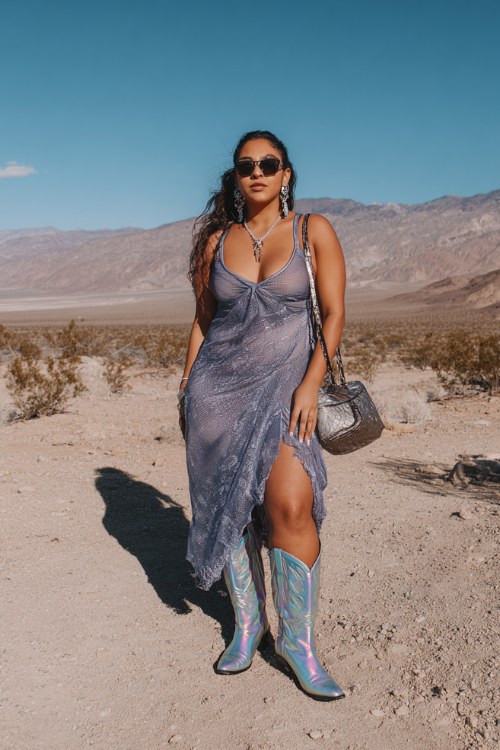 A curvy woman wears holographic cowboy boots with a mesh maxi dress layered over a fitted bodysuit, styled with dramatic earrings and a structured mini bag