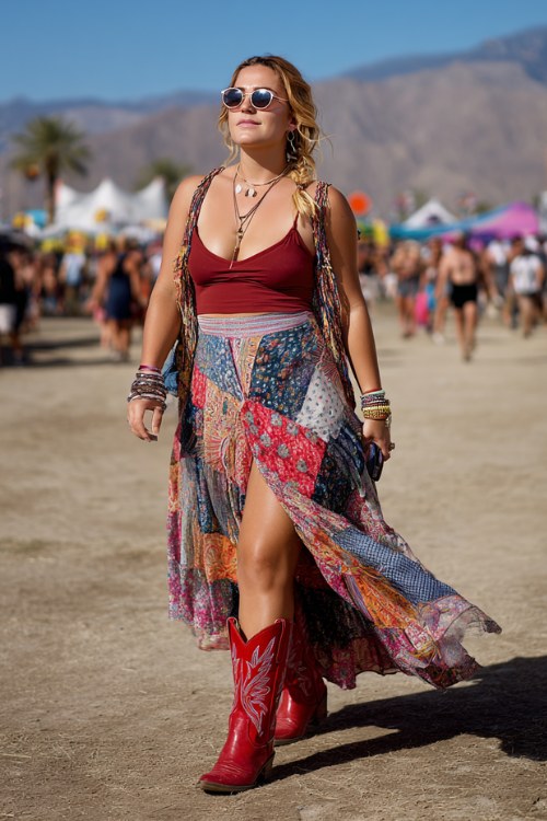 A curvy woman wears red cowboy boots with a bohemian patchwork maxi skirt and fitted tank top, layered with a lightweight shawl and stacked bangles