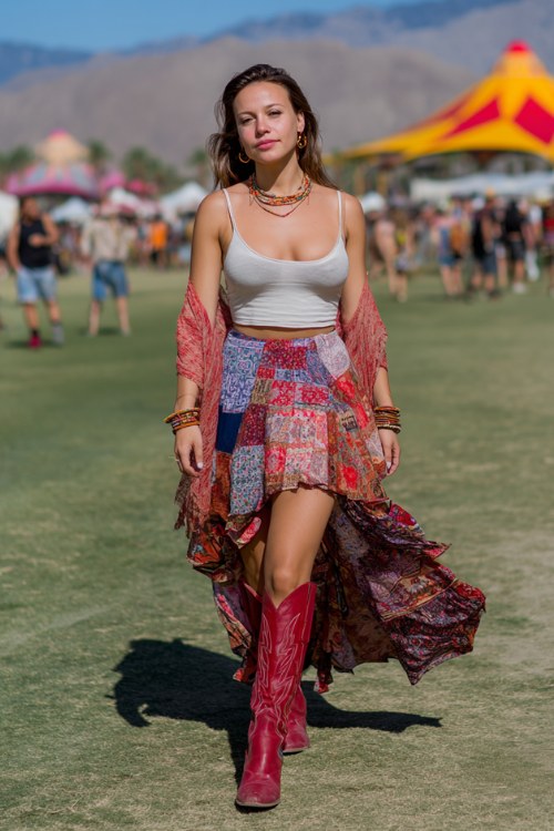 A curvy woman wears red cowboy boots with a bohemian patchwork maxi skirt and fitted tank top, layered with a lightweight shawl and stacked bangles