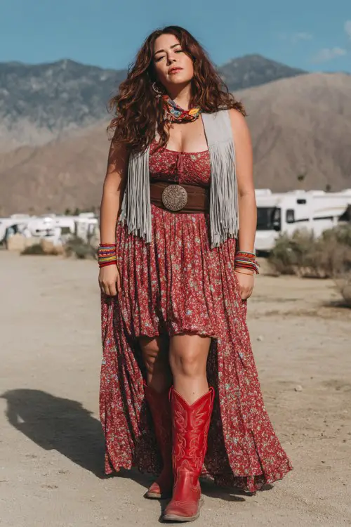 A curvy woman wears red cowboy boots with a flowy boho maxi dress and corset belt, layered with a fringe vest and stacked bangles (2)